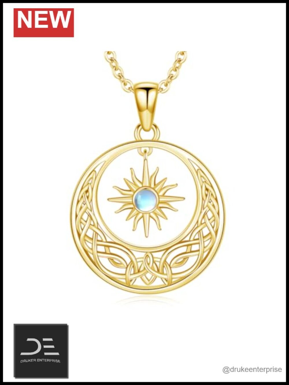 925 Sterling Silver Sun and Moon Pendant Necklace Moonstone Celtic Jewelry for
